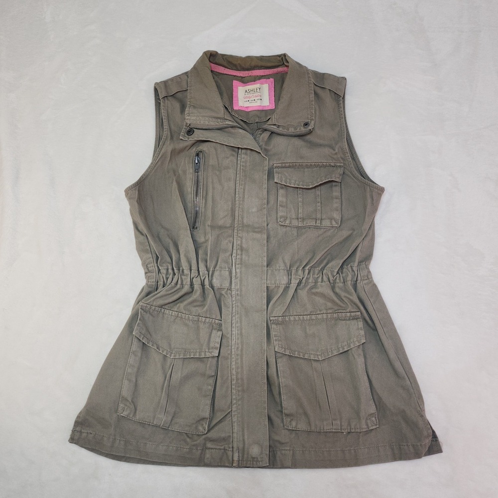 Canvas Utility Cargo Vest Womens Medium Taupe Brown Green Gorpcore Cinched Waist